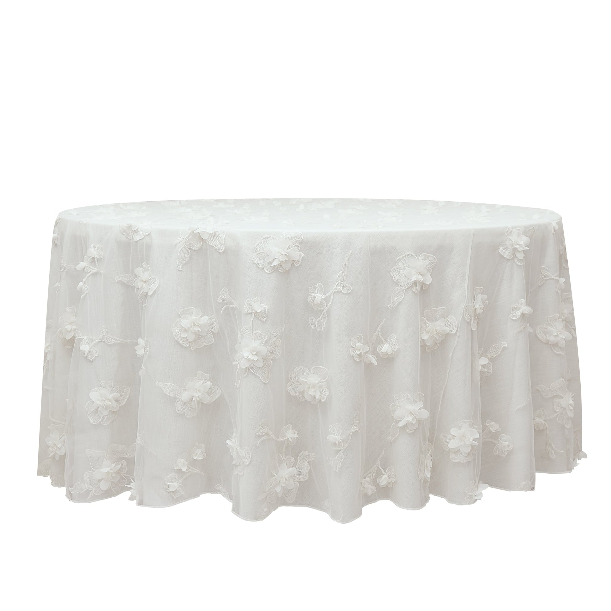 3D Gardenia Embroidery Sheer 120" Round Tablecloth - White