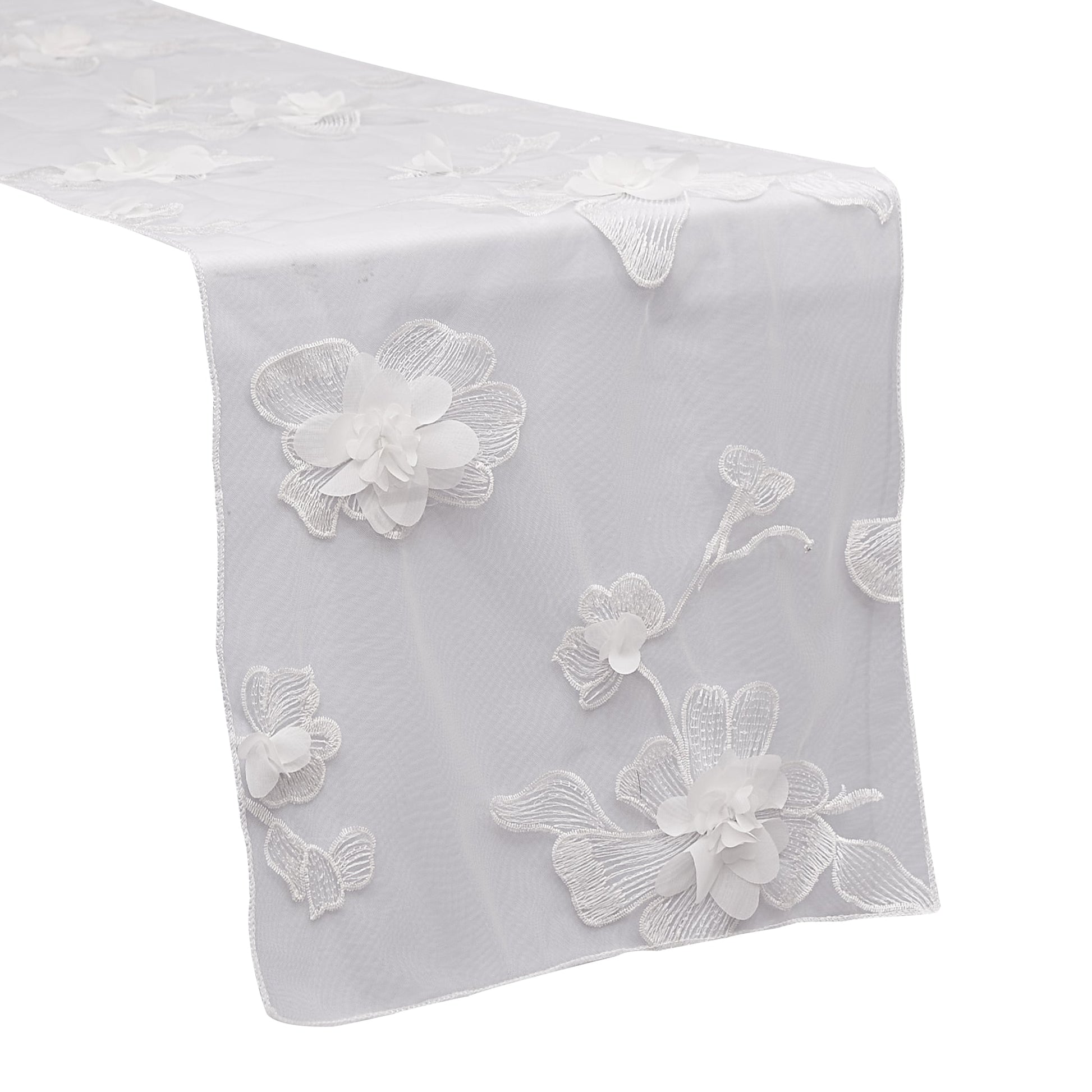 3D Gardenia Embroidery Sheer Table Runner - White