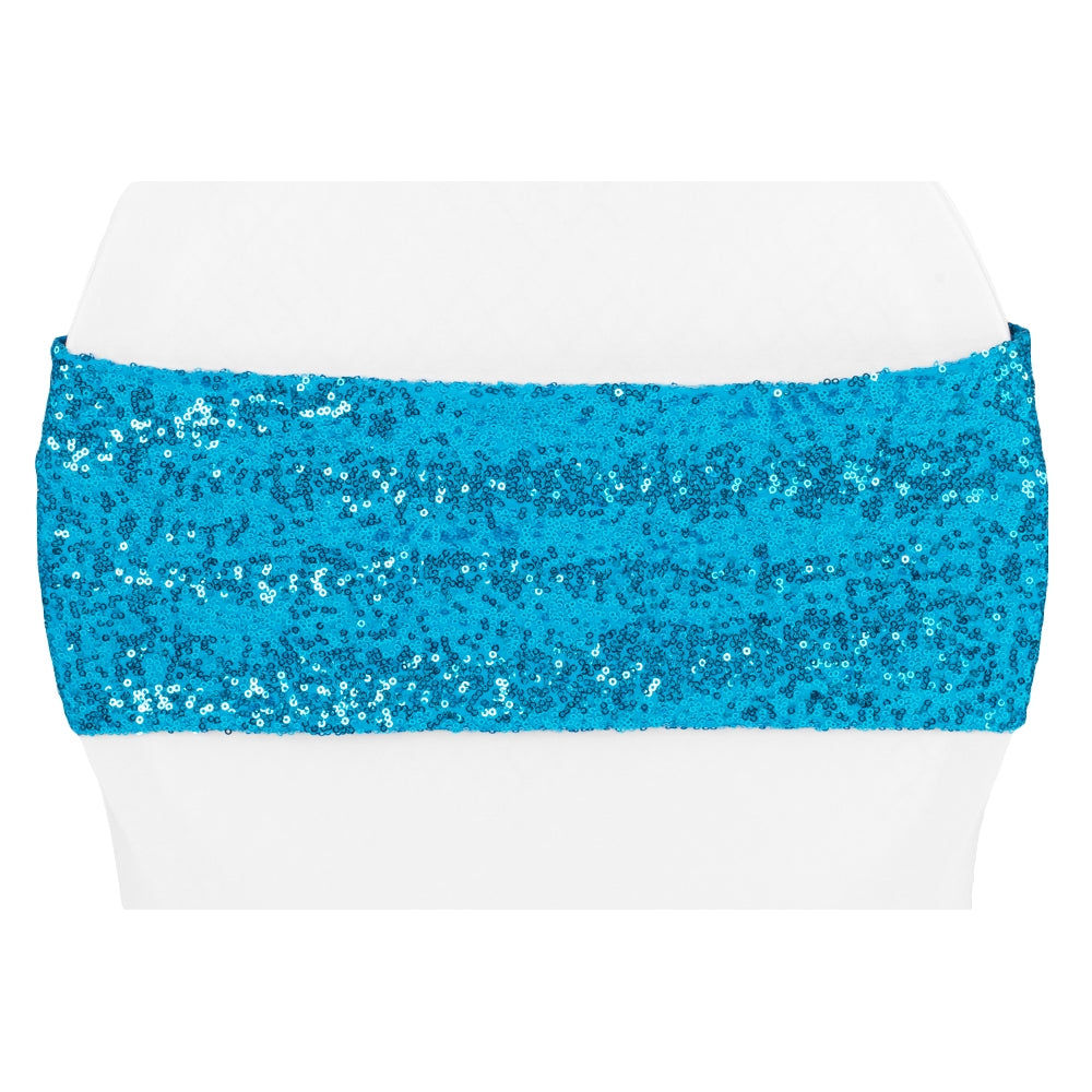 Glitz Sequin Spandex Chair Band - Aqua Blue - CV Linens