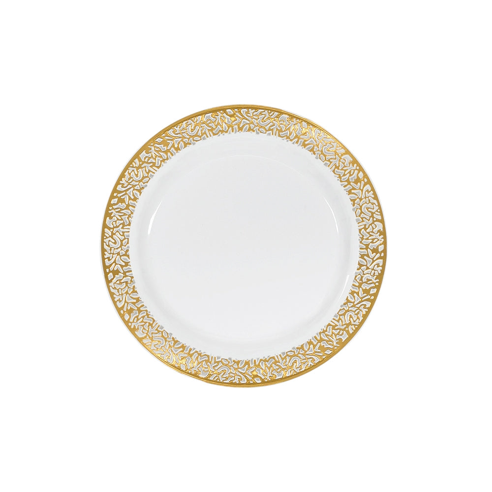 Lace Plastic Plates 7.5" Small (10/pk) - White Gold-Trimmed - CV Linens
