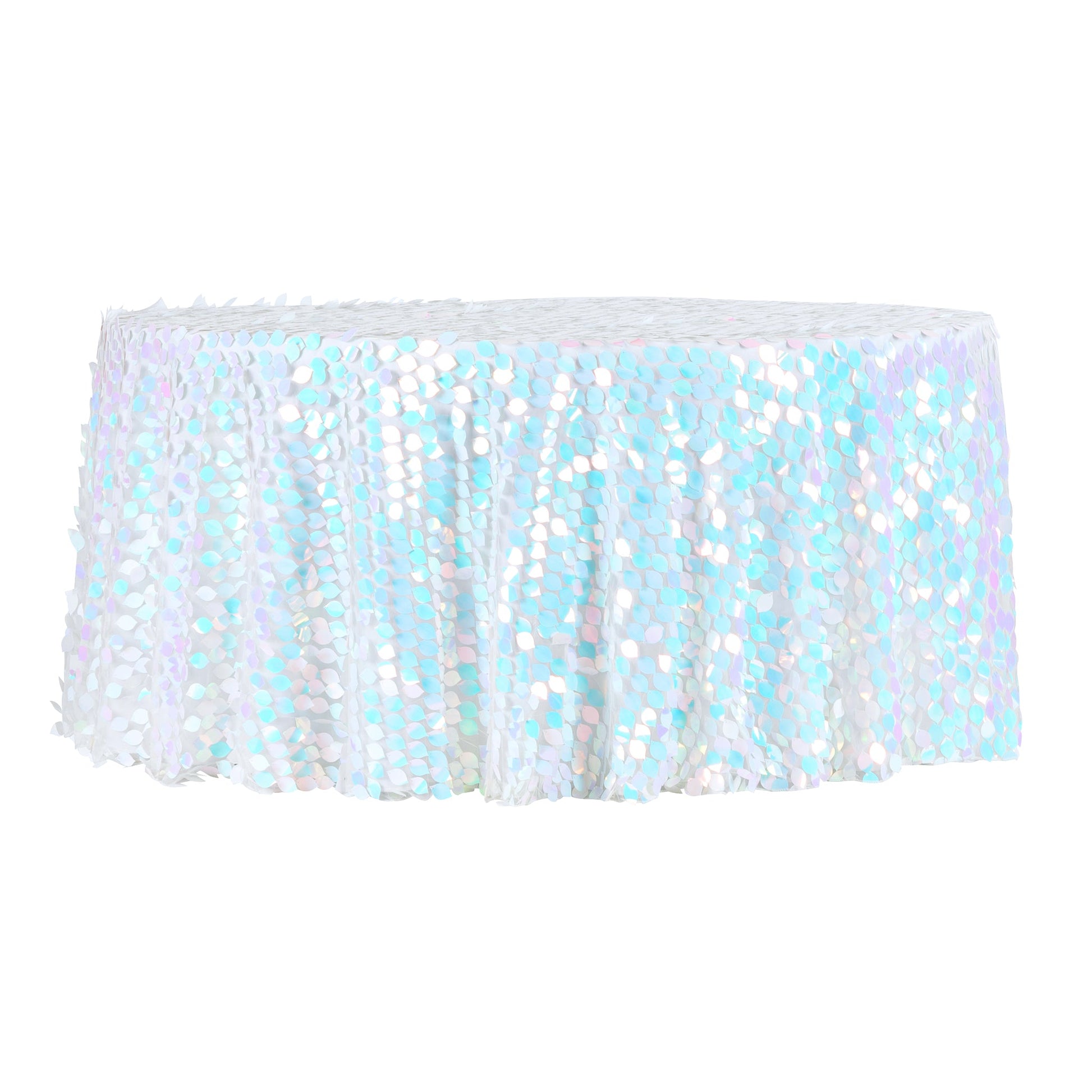 Leaf Payette Sequin Round 120" Tablecloth - Iridescent White - CV Linens