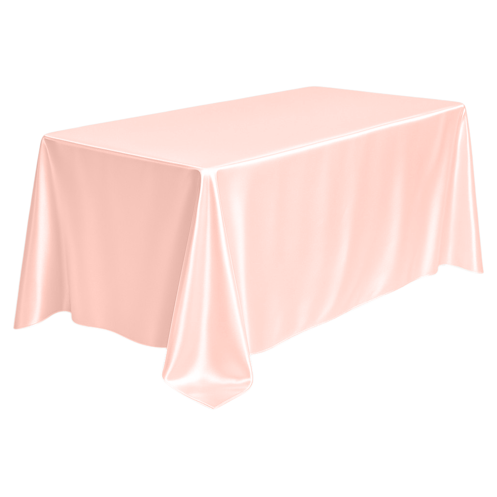 Wrinkle free 90"x156" Rectangular satin Tablecloth - Blush/Rose Gold angled view