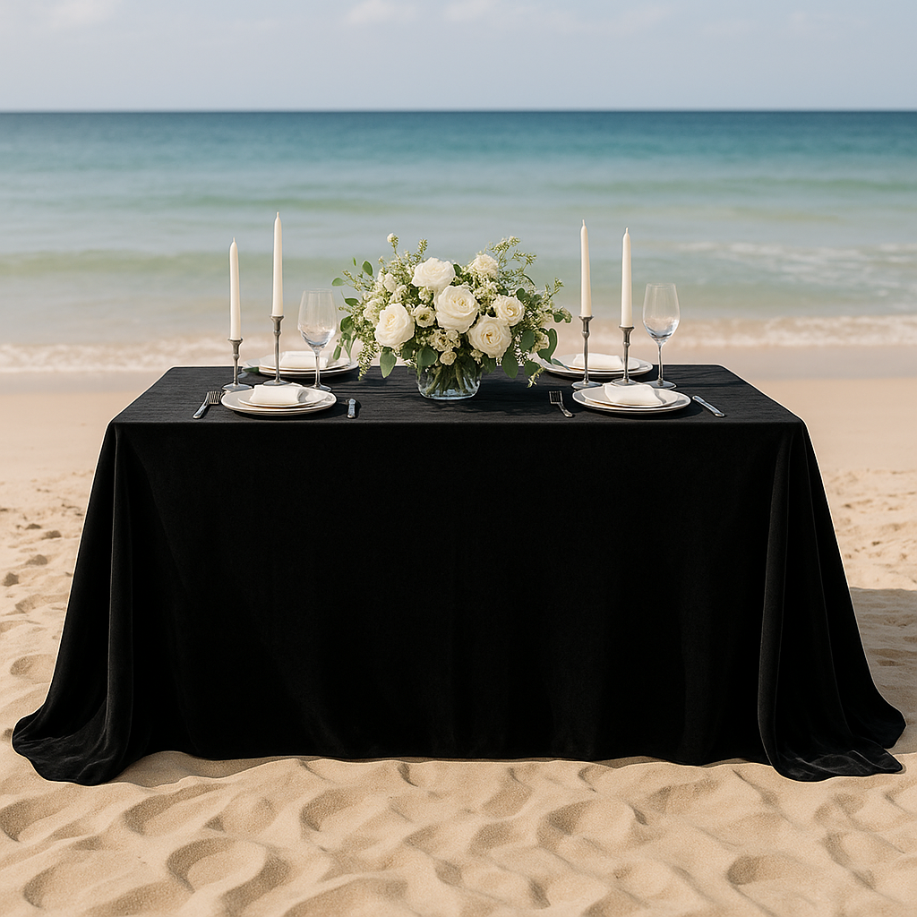 King size 108"x156" velvet tablecloth in beach