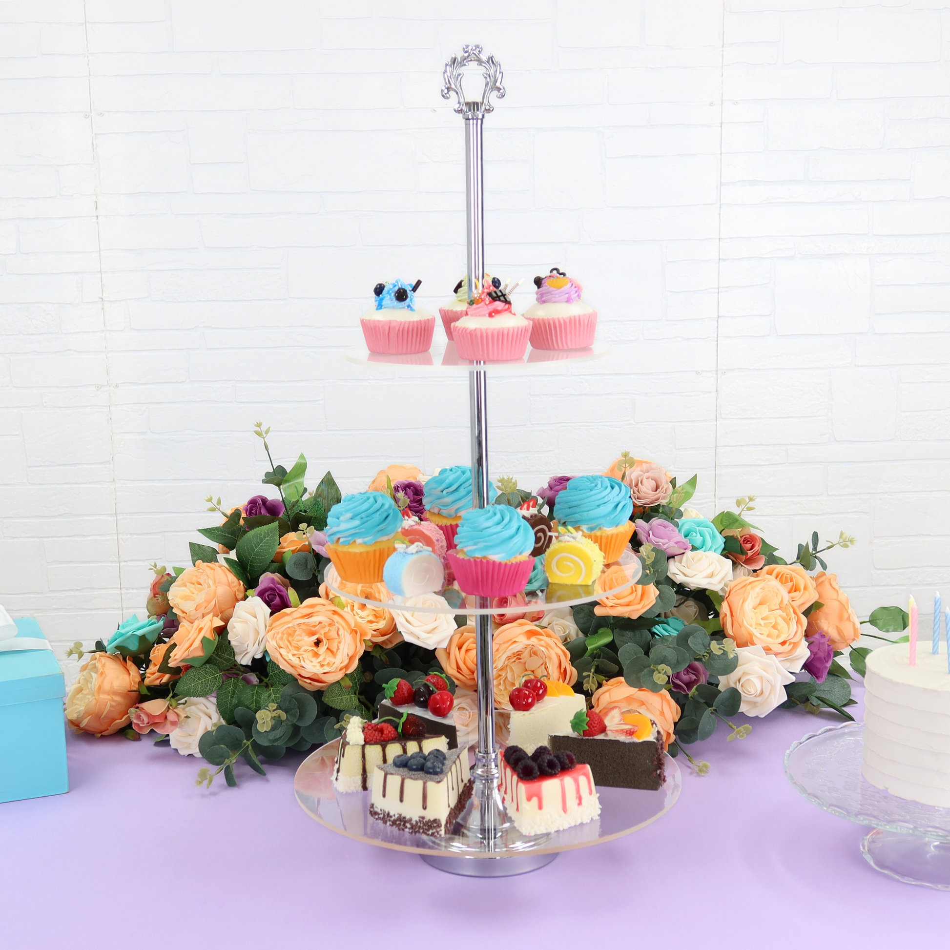 3 Tier Classic Round Acrylic Cupcake Dessert Stand - Silver
