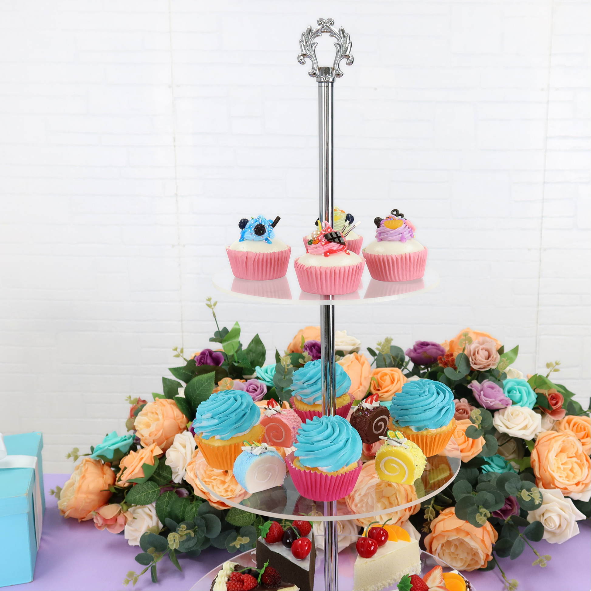 3 Tier Classic Round Acrylic Cupcake Dessert Stand - Silver