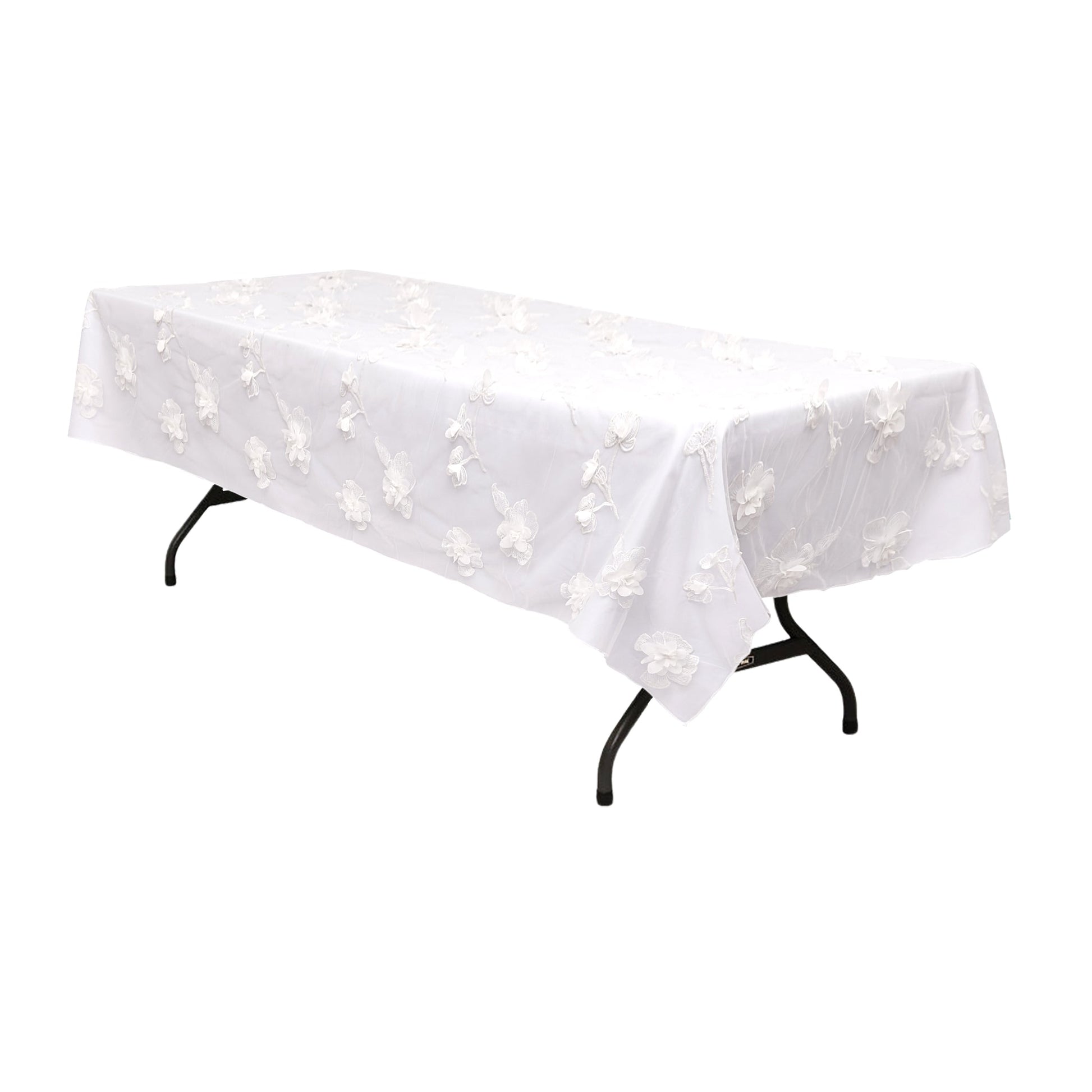 3D Gardenia Embroidery Sheer 54"x120" Rectangular Table Overlay Topper - White