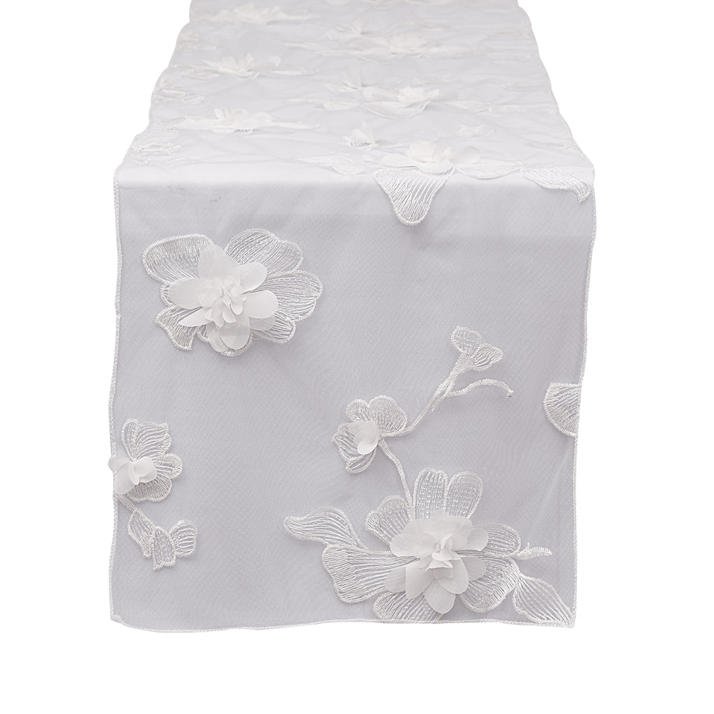 3D Gardenia Embroidery Sheer Table Runner - White