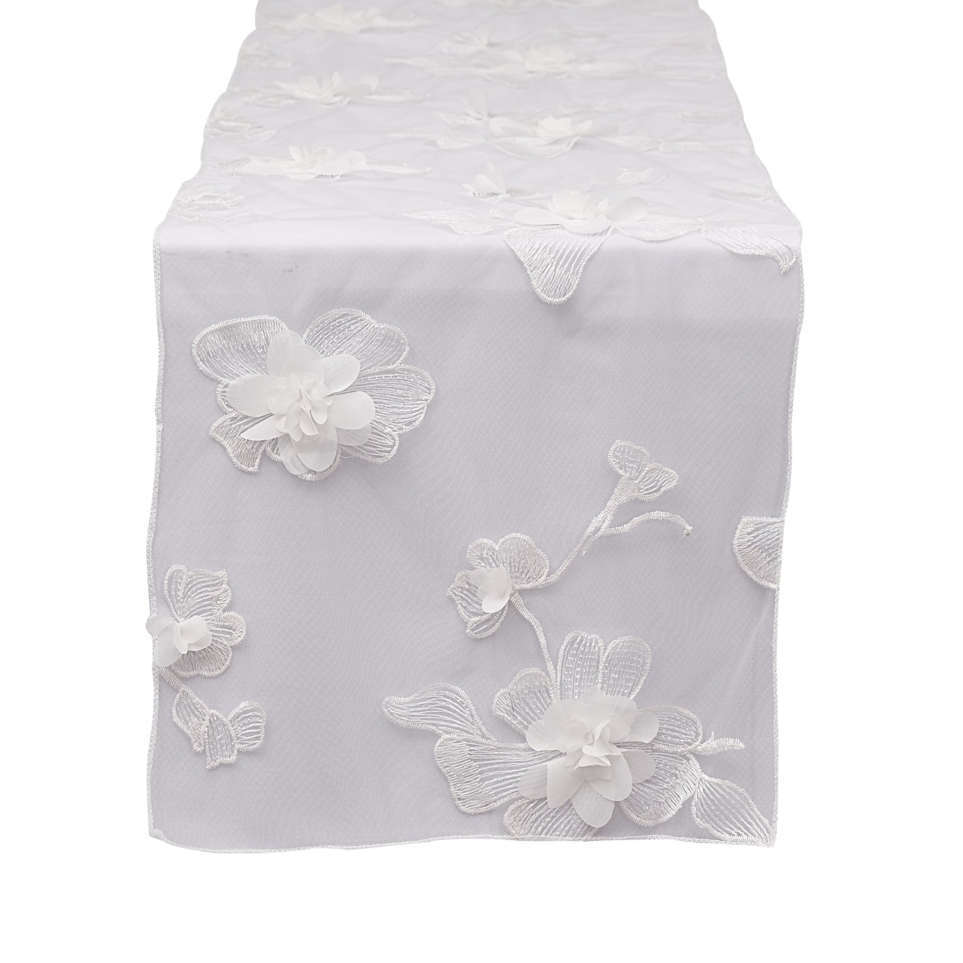3D Gardenia Embroidery Sheer Table Runner - White