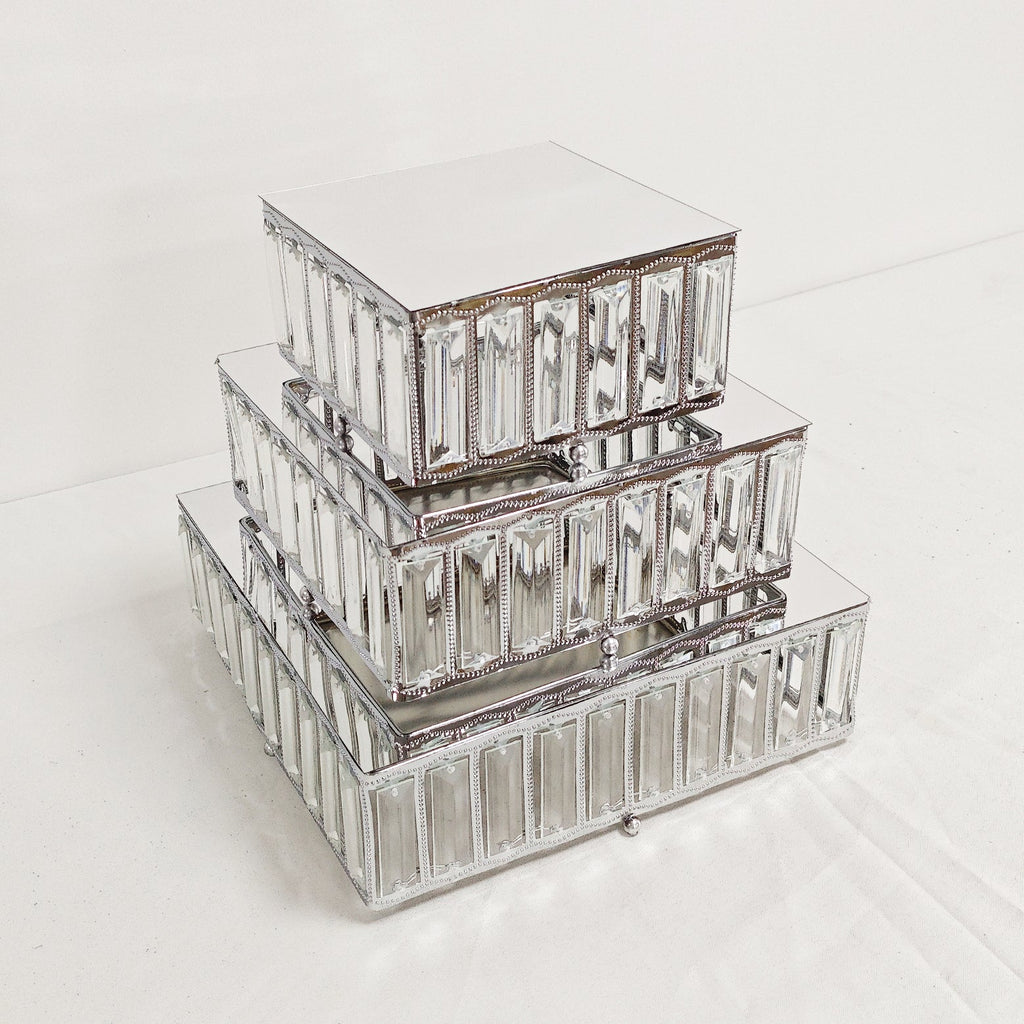 3 pc/set Square Crystal Pendant Cake/Dessert Stands - Silver
