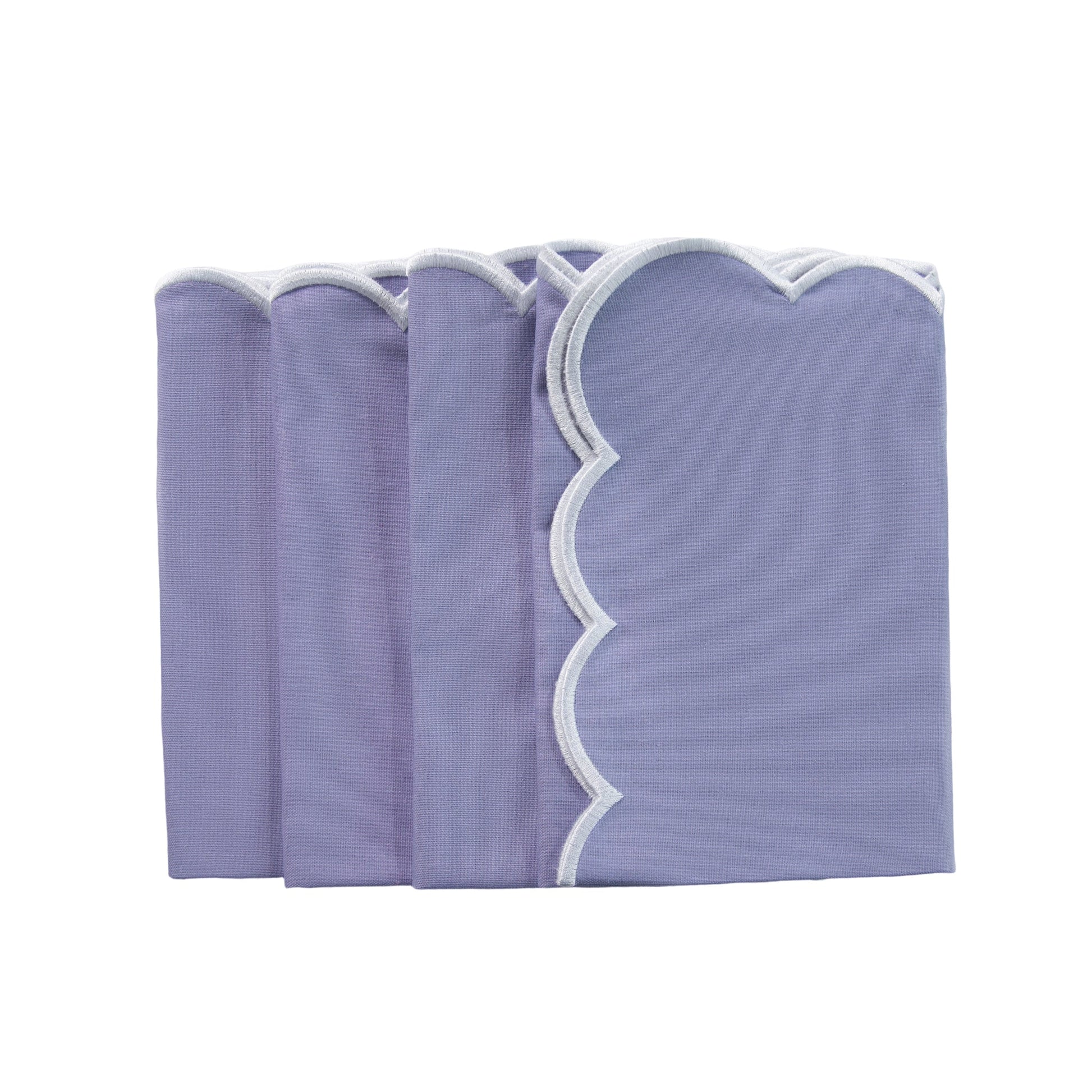 4 pc/pk Scalloped Edge Linen Napkin Lavender White Trim close up