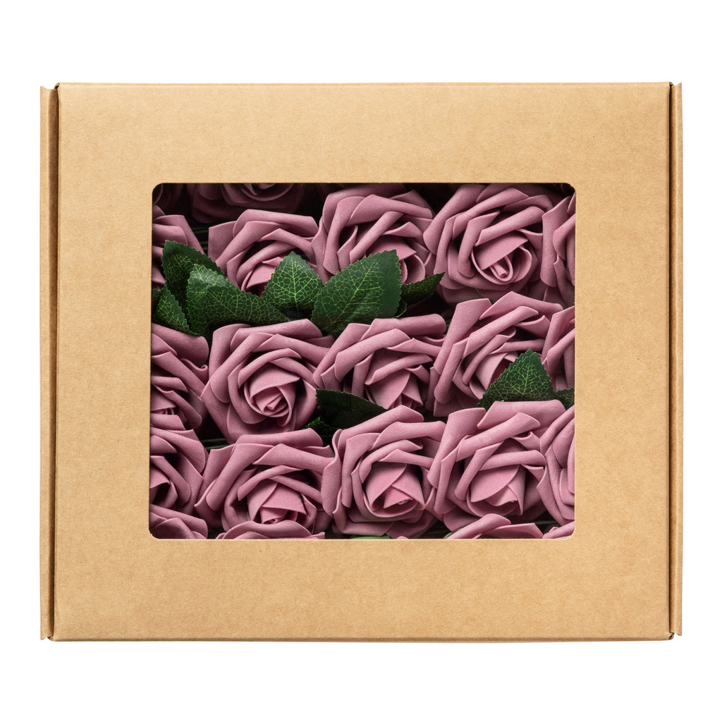 Artificial DIY Foam Rose Stems (50 pcs) - Mauve/Dusty Rose - CV Linens