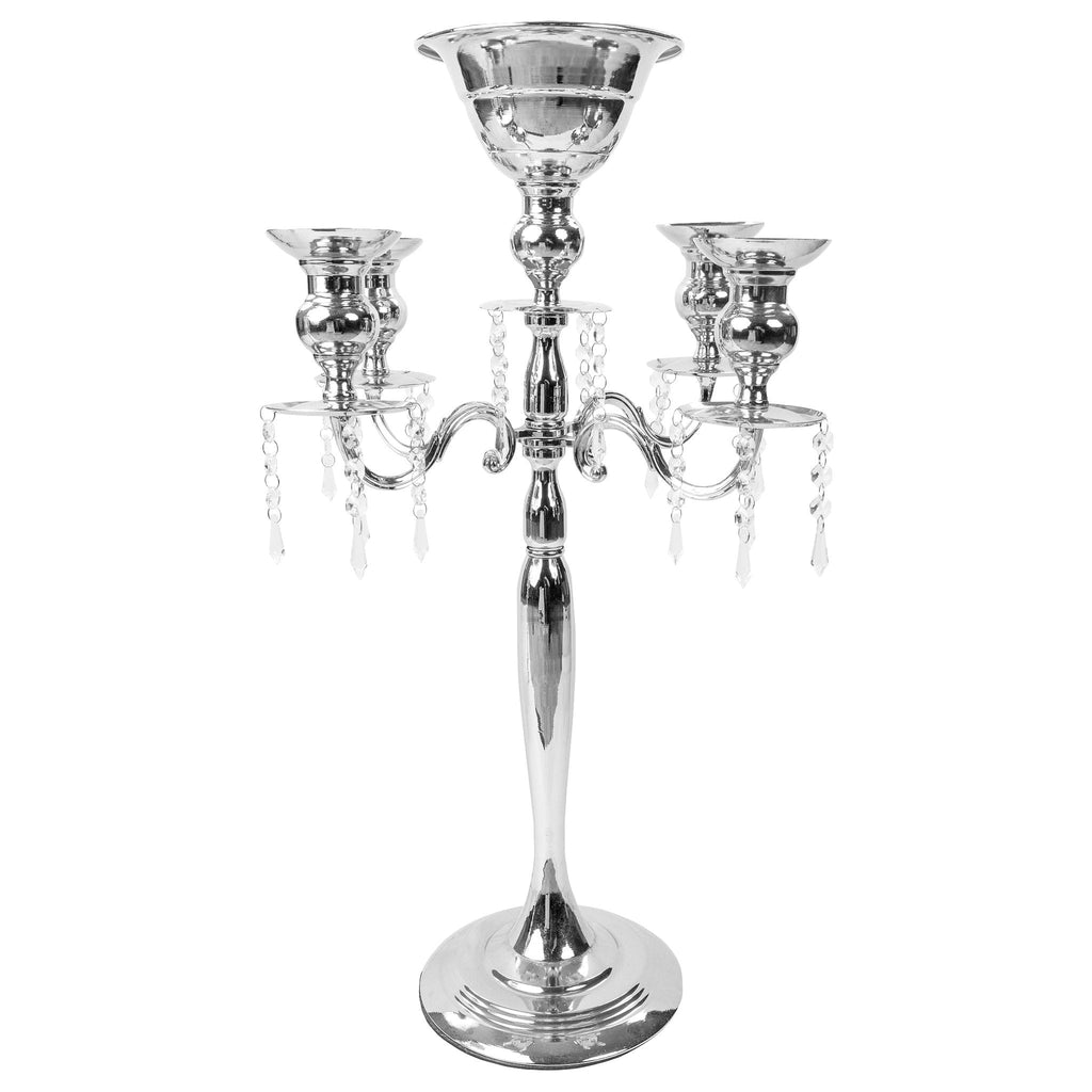 Candelabra Centerpiece with Hanging Crystals - Silver - CV Linens