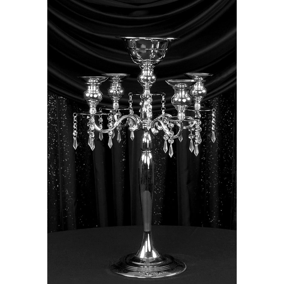 Candelabra Centerpiece with Hanging Crystals - Silver - CV Linens