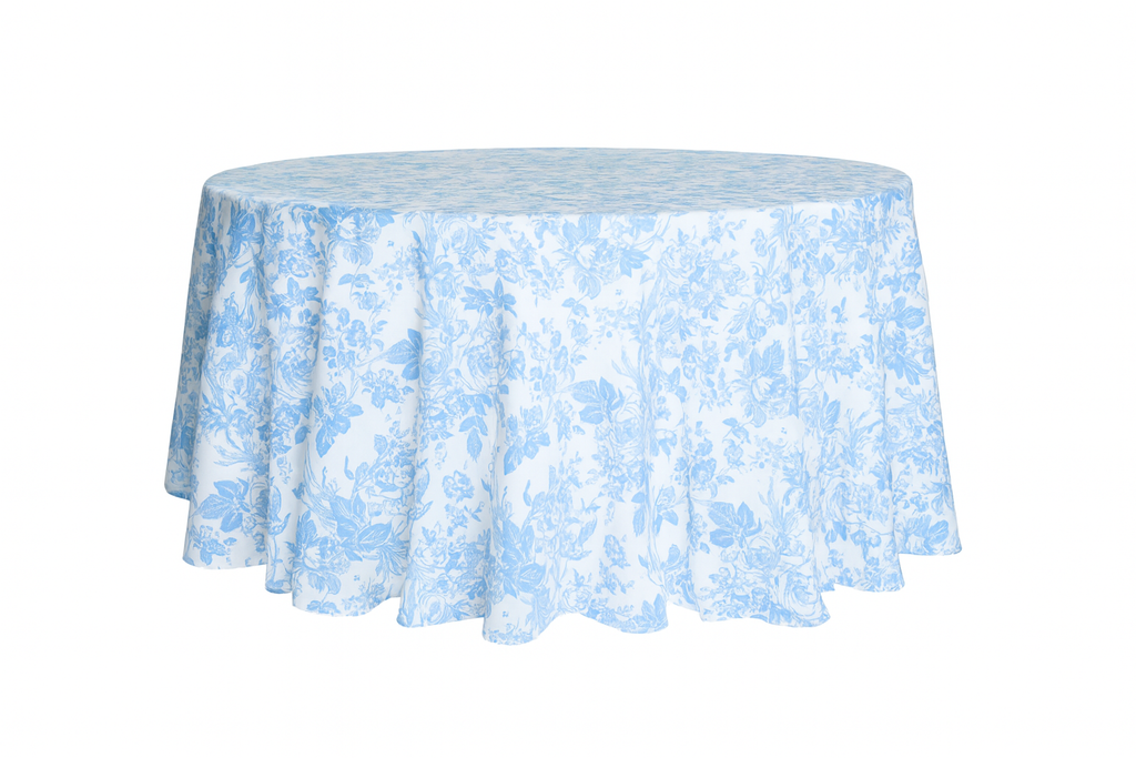 French Toile 132" Round Tablecloth - Baby Blue
