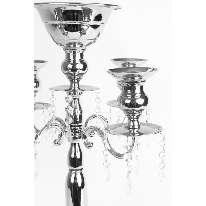 Candelabra Centerpiece with Hanging Crystals - Silver - CV Linens