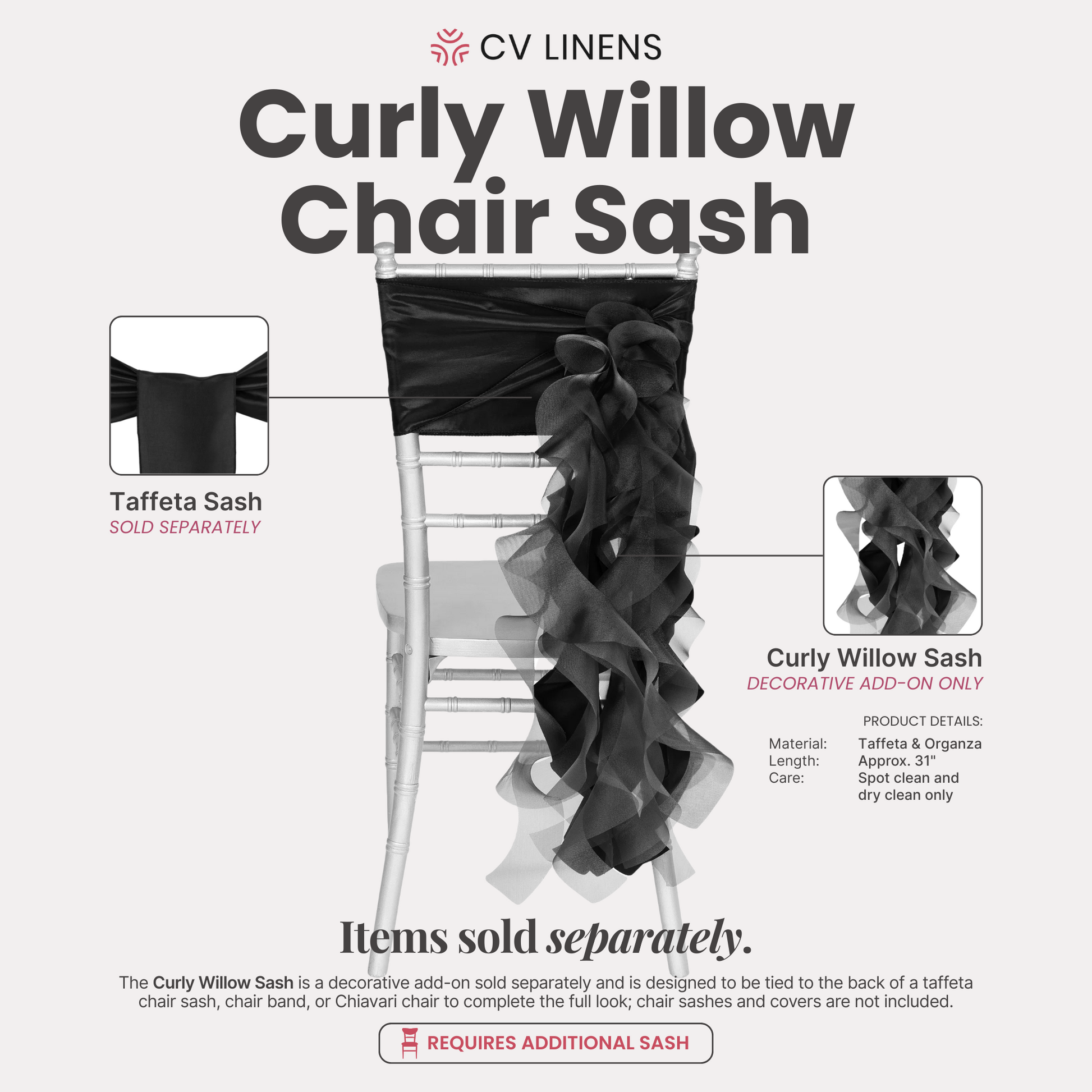 Curly Willow Chair Sash - Black - CV Linens