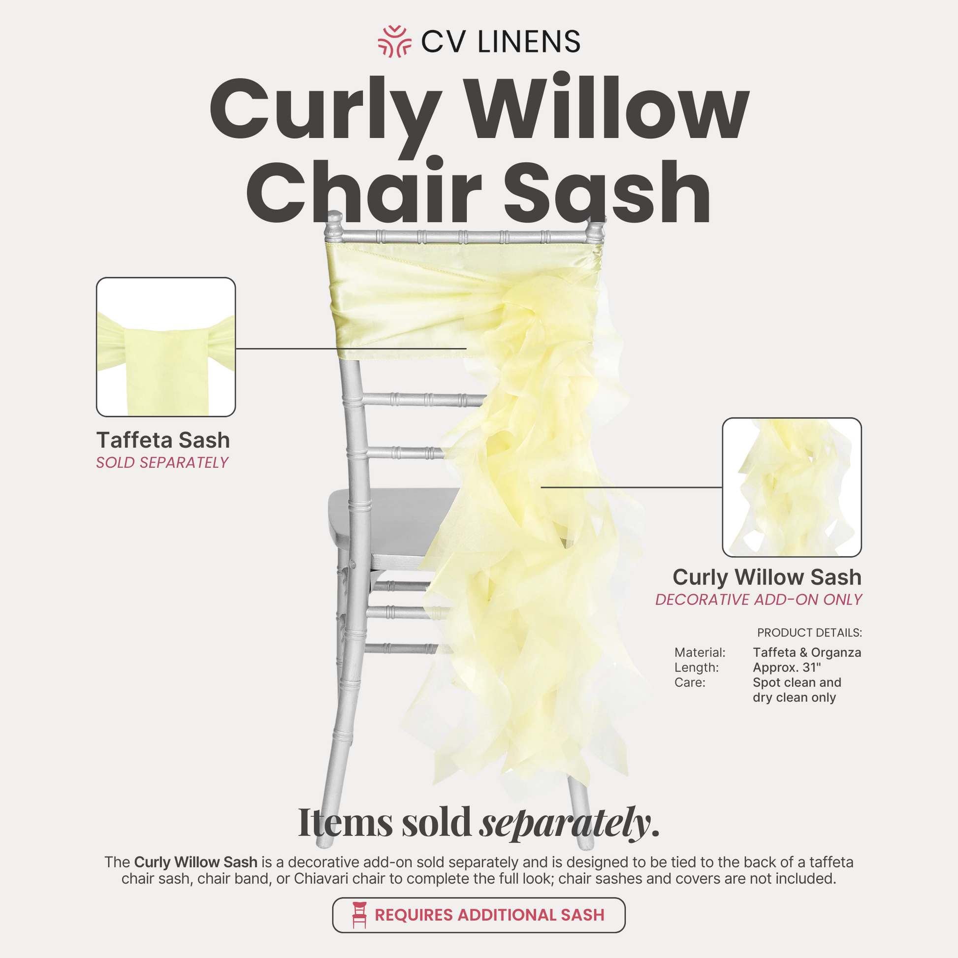 Curly Willow Chair Sash - Pastel Yellow - CV Linens