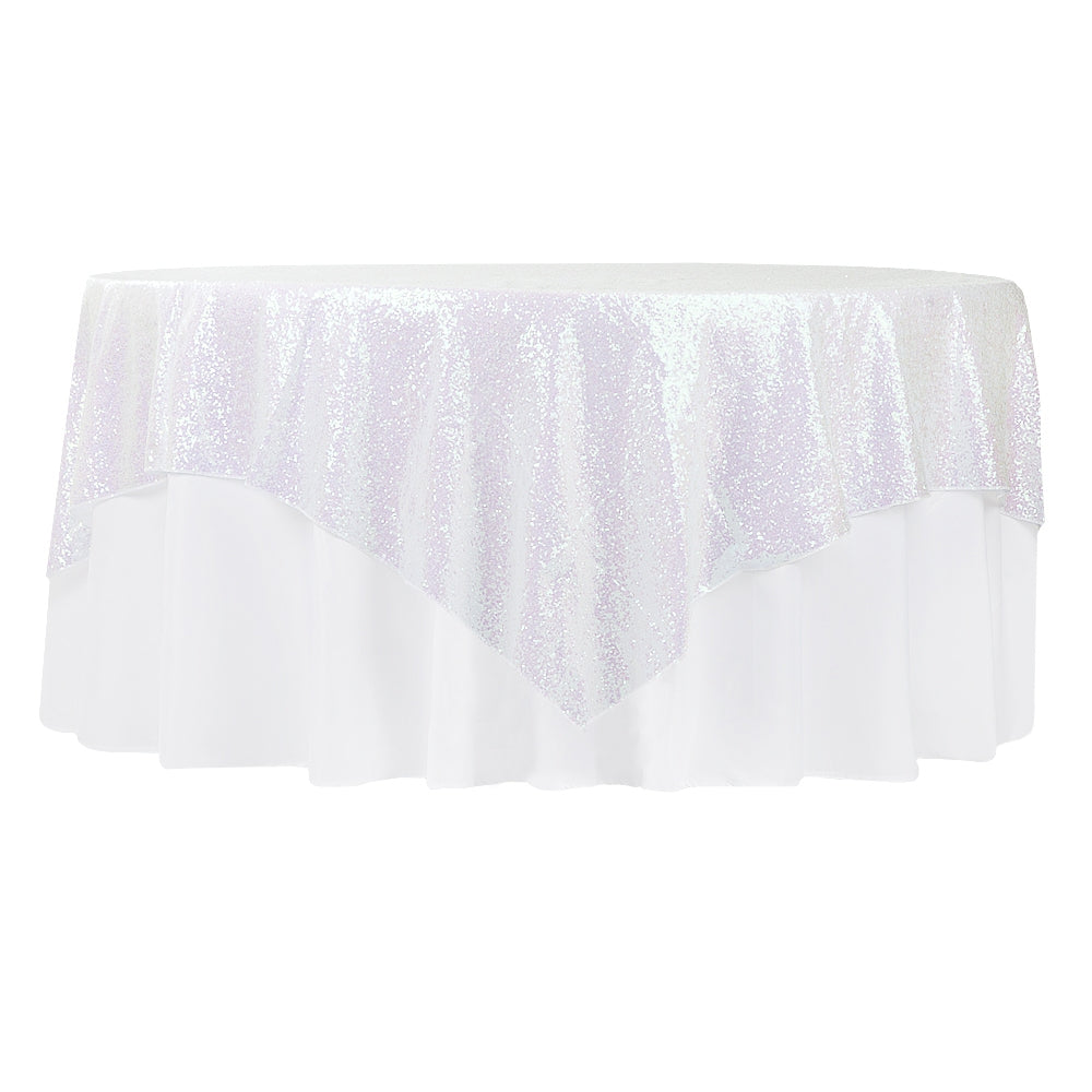 Glitz Sequin Table Overlay Topper 72"x72" Square  - Iridescent White - CV Linens