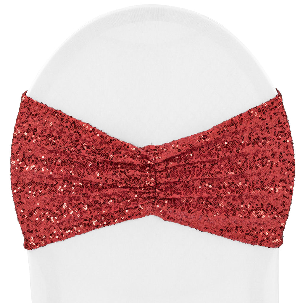 Glitz Ruffle Sequin Spandex Chair Band Sash - Apple Red - CV Linens