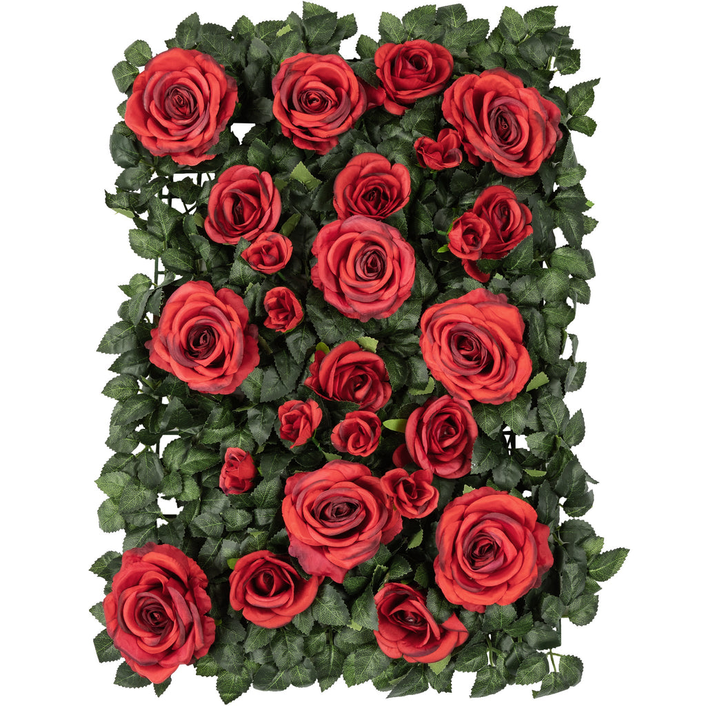 Silk Greenery with Roses Wall Backdrop Panel - Red - CV Linens