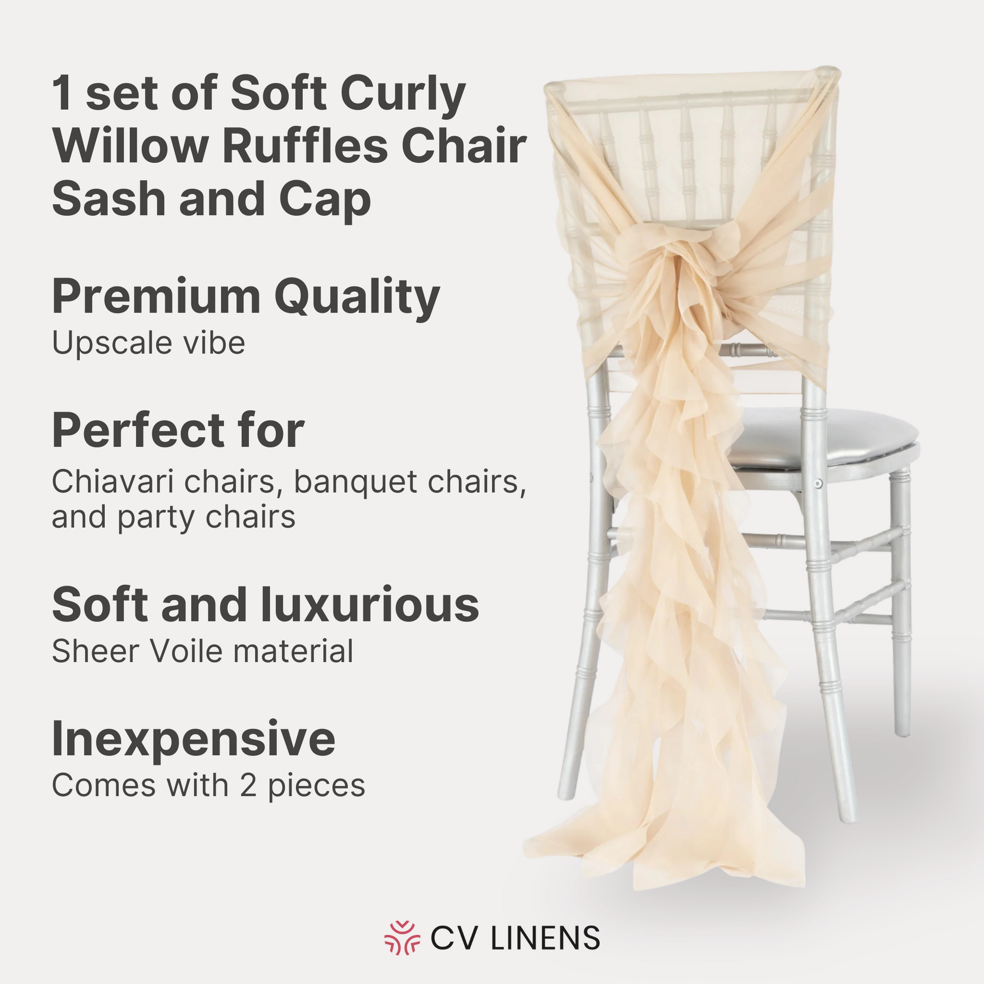 1 Set of Soft Curly Willow Ruffles Chair Sash & Cap - Champagne