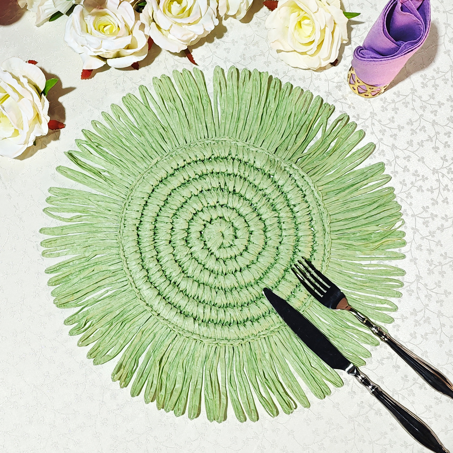4pc/set Woven Fringe 15" Placemats - Sage Green