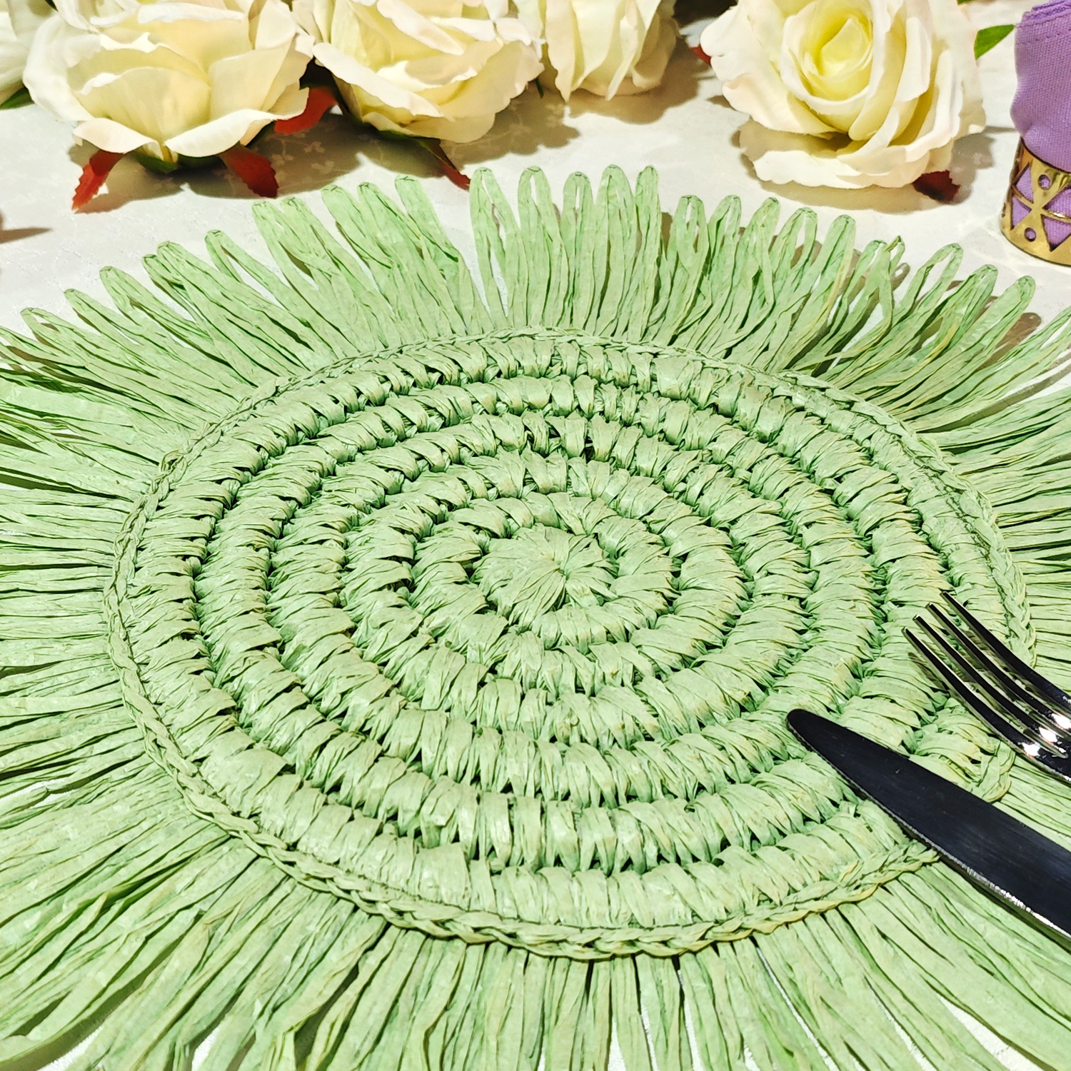 4pc/set Woven Fringe 15" Placemats - Sage Green