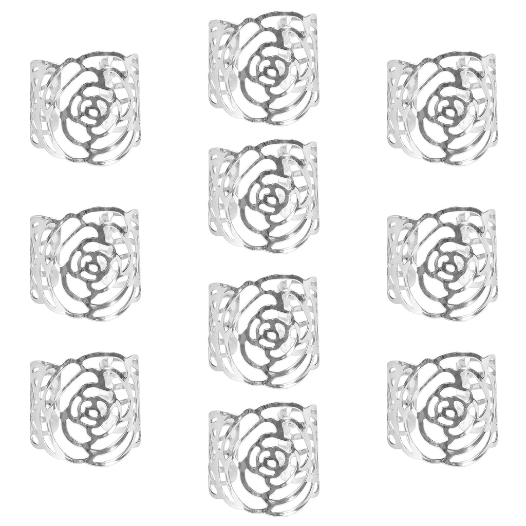 10 pc/pk Laser Cut Rose Metal Napkin Ring - Silver - CV Linens