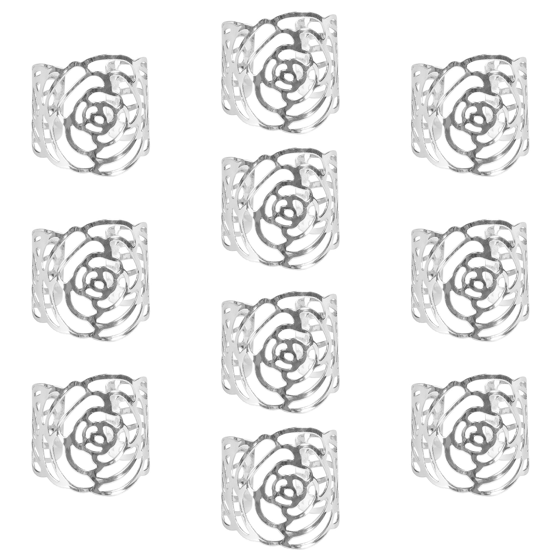 10 pc/pk Laser Cut Rose Metal Napkin Ring - Silver - CV Linens