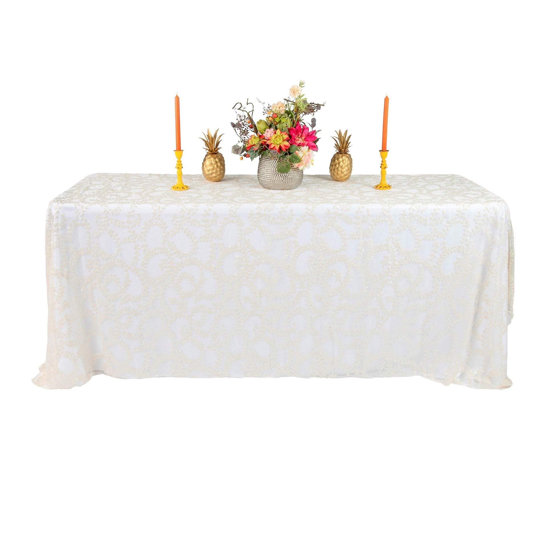Sequin Vine Tablecloth Overlay 90"x156" Rectangle - Light Ivory/Off White