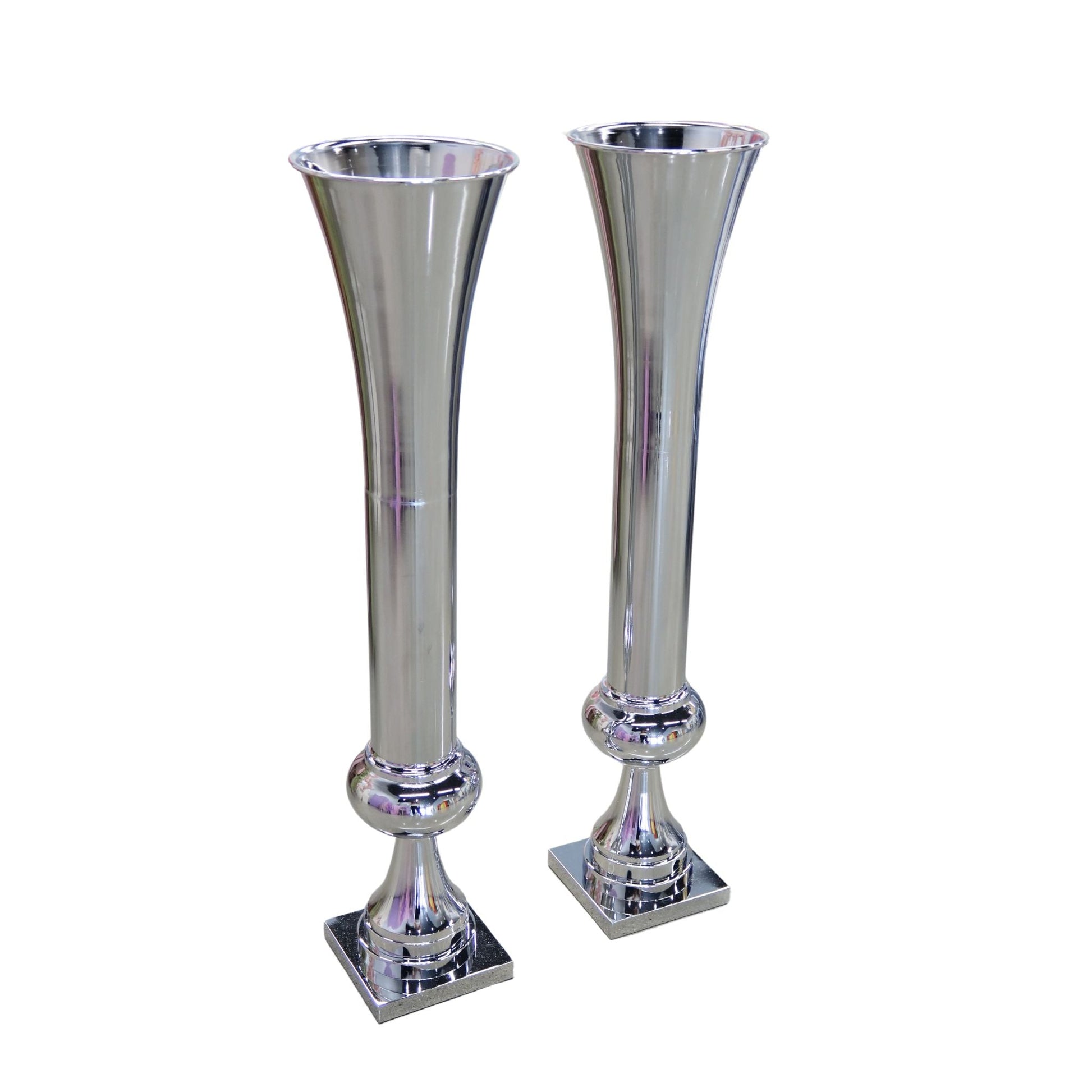 Set of 2 Metal Trumpet Centerpiece Vases - Silver