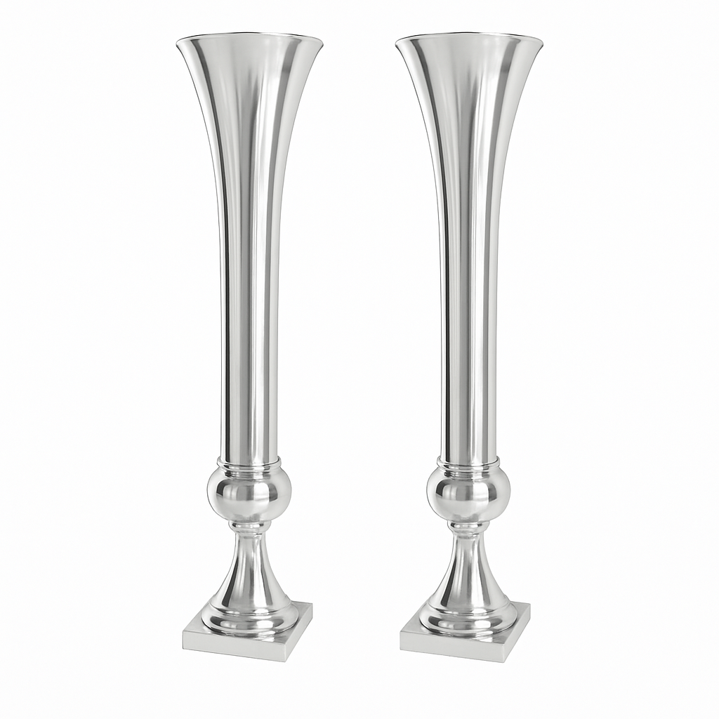 Set of 2 Metal Trumpet Centerpiece Vases - Silver