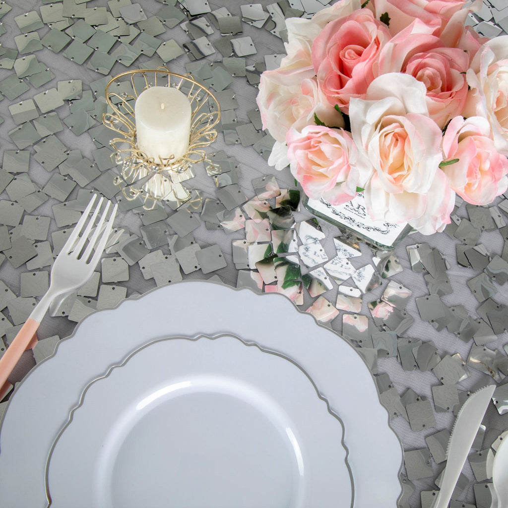 Square Payette Sequin Round 120" Tablecloth - Silver