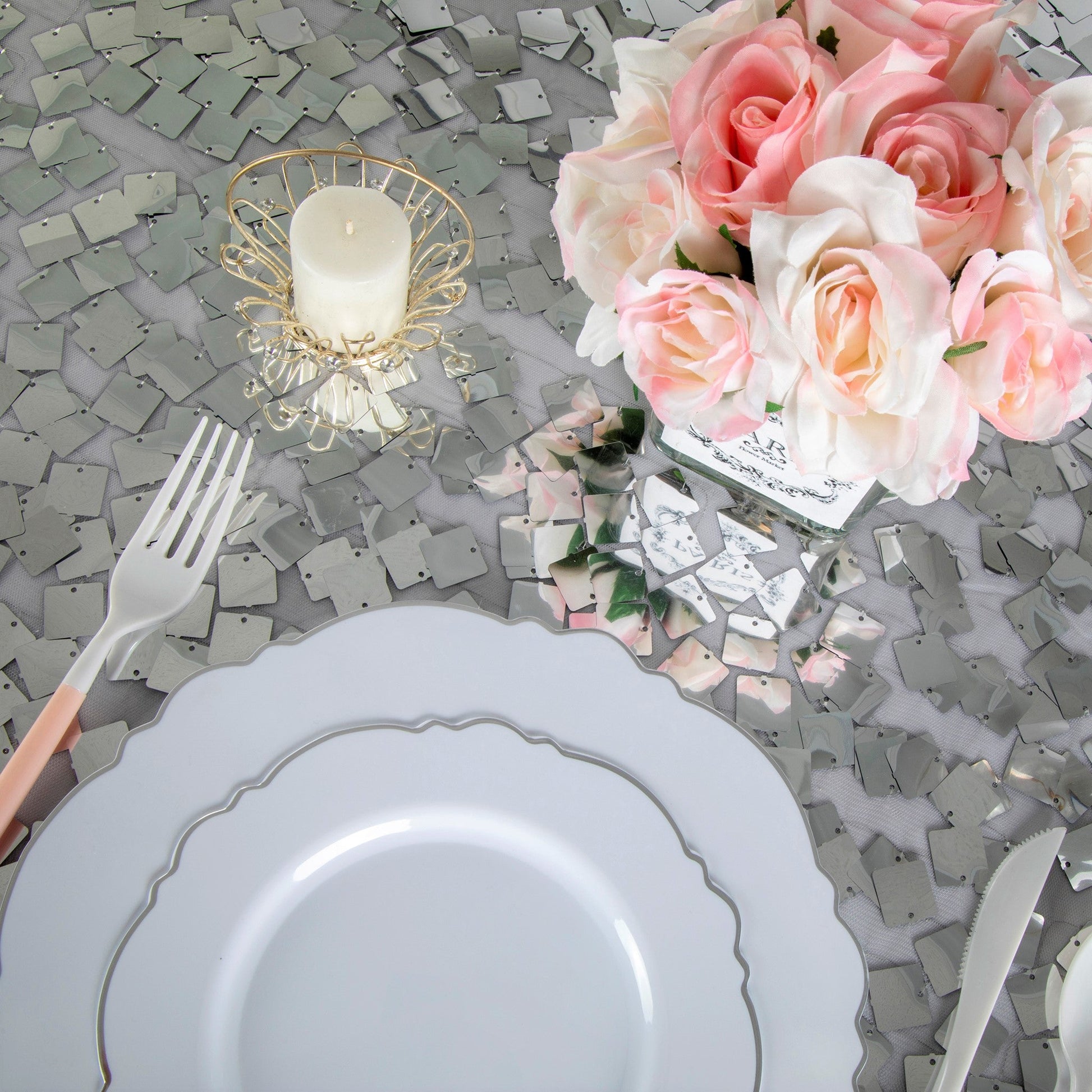 Square Payette Sequin Round 120" Tablecloth - Silver