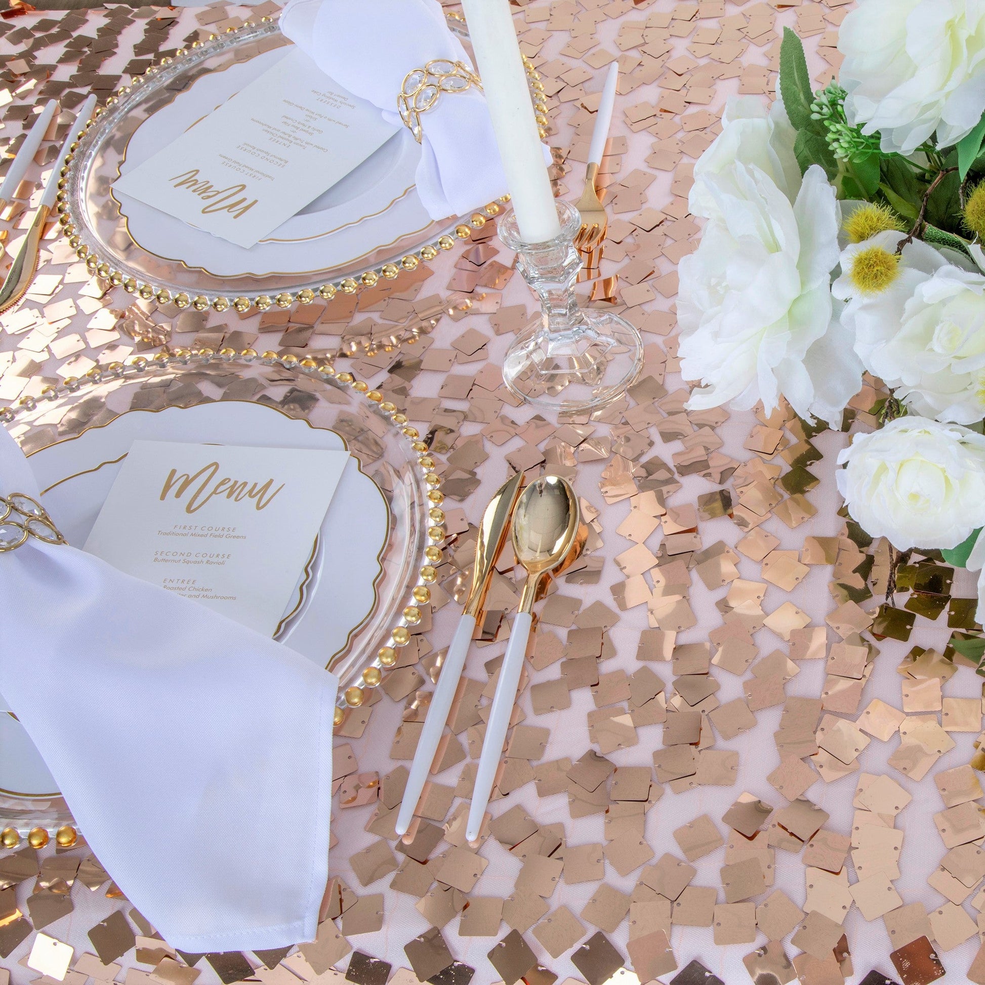 Square Payette Sequin Tablecloth 90"x156" Rectangular - Blush/Rose Gold