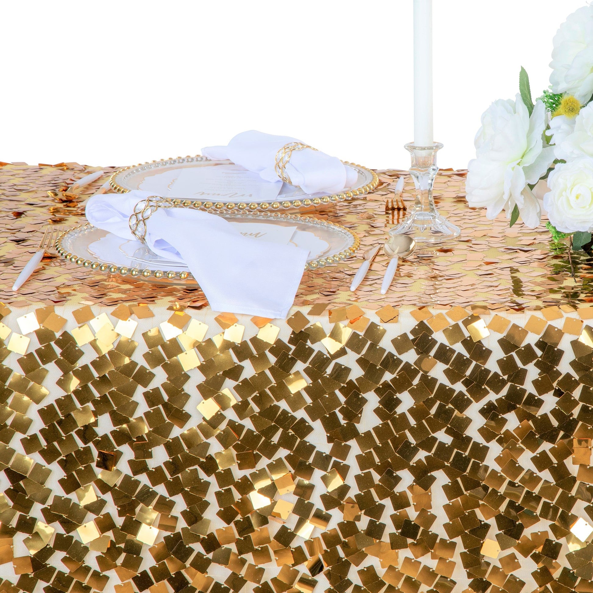 Square Payette Sequin Tablecloth 90"x156" Rectangular - Gold - CV Linens
