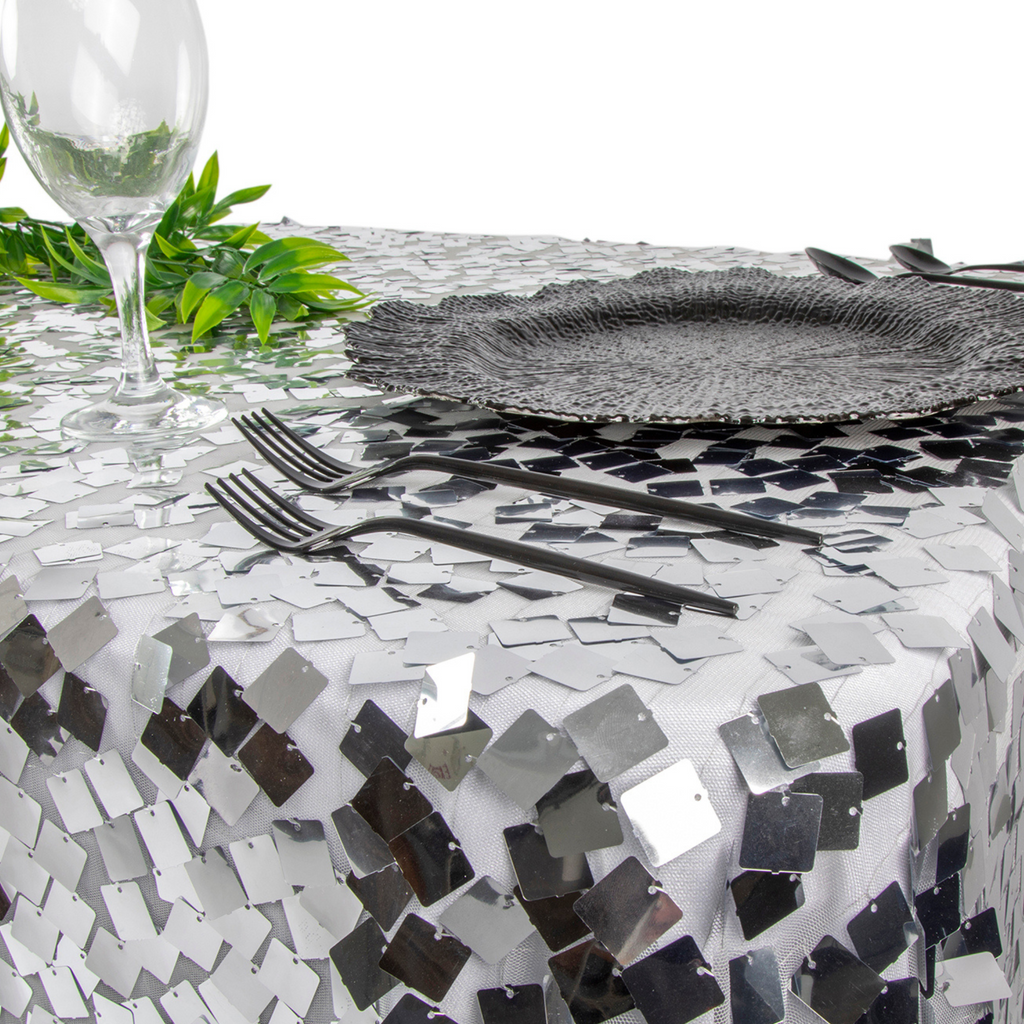 Square Payette Sequin Tablecloth 90"x156" Rectangular - Silver