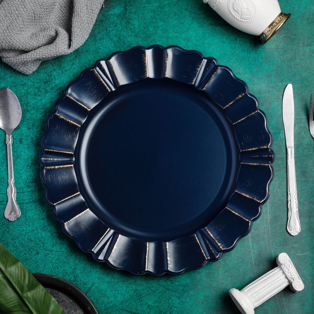 Waved Scalloped Acrylic 13" Charger Plate - Navy Blue & Gold - CV Linens