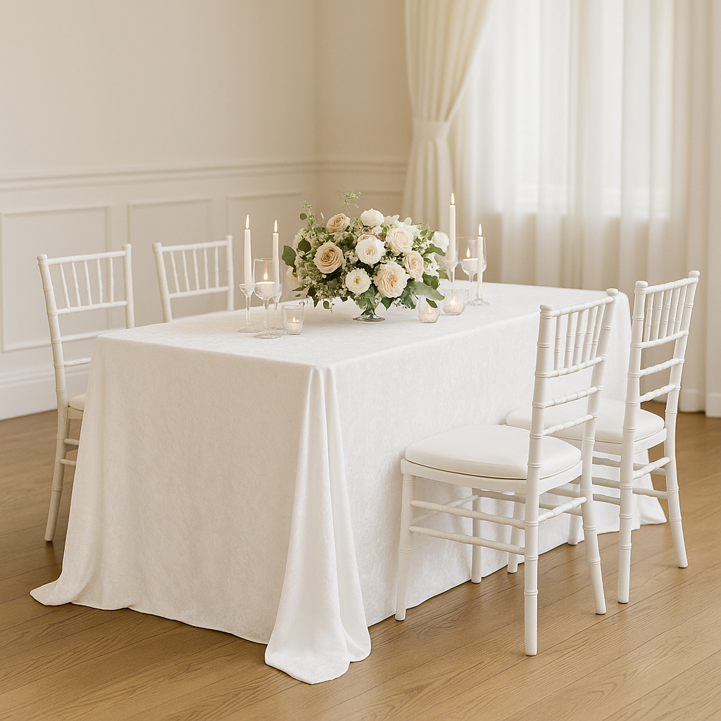 Elegant dining table set with white tablecloth, chairs, and floral centerpiece.